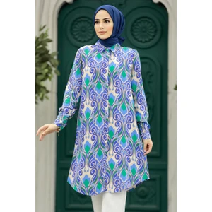 Neva Style - Desenli Indigo Mavisi Tesettür Viskon Tunik 11621IM