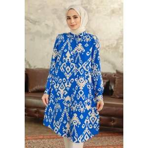 Neva Style - Desenli Sax Mavisi Tesettür Viskon Tunik 11627SX
