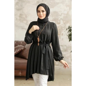Neva Style - Pileli Siyah Tesettür Tunik 41233S