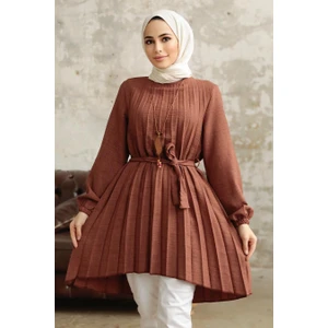 Neva Style - Pileli Kahverengi Tesettür Tunik 41233KH