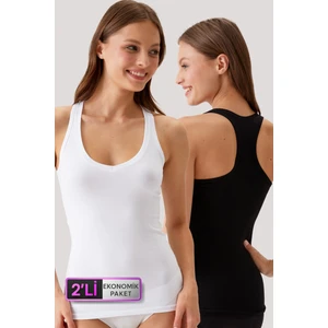 2'li Ekonomik Paket Siyah-Beyaz 1008 Basic Sırt Detaylı Racerback - Sporcu Pamuklu Atlet Set
