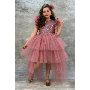 Tarz Çocuk Tütülü Kuyruklu Pul Payet Kız Çocuk Elbisesi