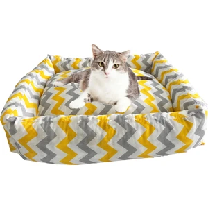 Vip Home Concept Yıkanabilir Kedi ve Köpek Yatağı Kedi Yatak 60X45X17 Cm-Sarı Gri Zikzak