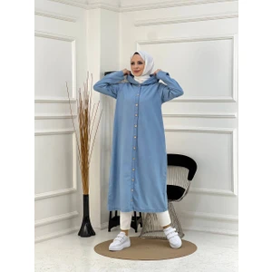 Denim Kapşonlu Kap- Denin Pardesü- Mavi