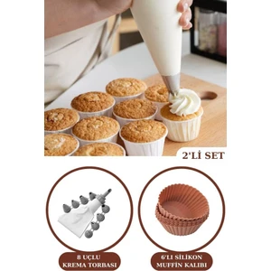 6’lı Airfryer Silikon Kek Muffin Kalıbı ve 8 Uçlu Krema Sıkma Torbası Duy Seti