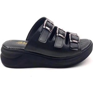 Kadın Siyah Mazer Konfor Ortopedik Taban Tokalı Terlik