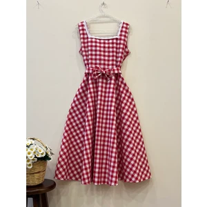Küçüğüm Butik Kırmızı Pötikare Desen Kare Yaka Askılı Kloş Elbise