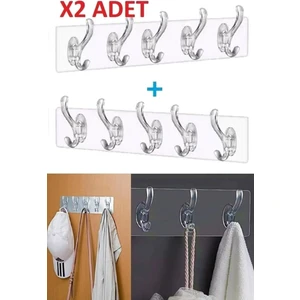HCB Ticaret 2 Adet Kendinden Yapışkanlı Güçlü Şeffaf 5'li Askılık - Kapı Arkası Mutfak Duvar Banyo