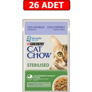 Catchow Sterilised Kuzu Etli ve Yeşil Fasulyeli Kısırlaştırılmış Kedi Yaş Maması 85GR 26 Adet Pouch