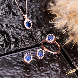 925 Ayar Gümüş Safir Taşlı Elmas Monturlu Set