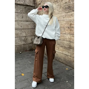 Kadın Kahverengi Geniş Paça Kargo Cepli Eşofman Altı MG1615