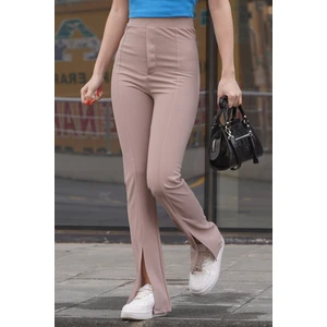 Bej Yüksek Bel Paçası Yırtmaçlı Kadın Pantolon MG1651