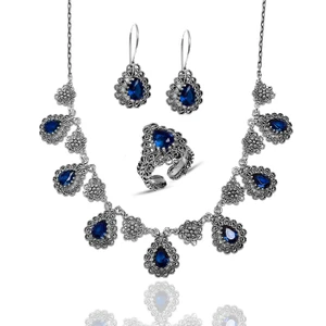 Safir Taşlı Gerdanlıklı Telkari Kadın Gümüş Üçlü Set 201021803
