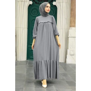 Neva Style - Fırfır Detaylı Gri Tesettür Elbise 7681GR