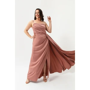 Kadın Somon Tek Omuzlu Büyük Beden Saten Abiye & Mezuniyet Elbisesi