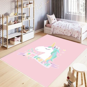 Marka Halı Dijital Baskılı Kaymaz Taban Yıkanabilir Unicorn Pembe Zeminli Çocuk Odası Halısı 