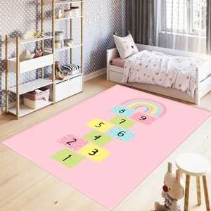 Marka Halı Dijital Baskılı Kaymaz Taban Yikanabilir Pembe Zemin Rainbow Seksekli Çocuk Halısı