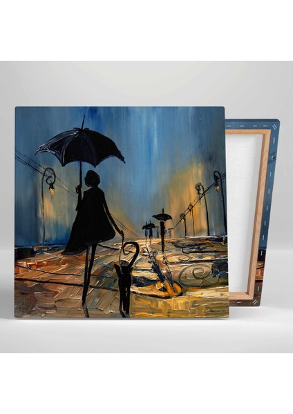 Sokakta Yağmur Altında Yürüyen Gölge İnsanlar Dekor Street Yağlı Boya Efektli Kanvas Tablo fiyatları