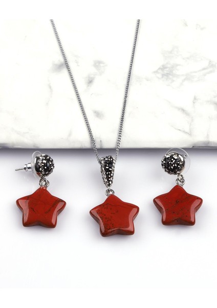 Red Jasper Doğal Taş Kolye - Küpe 2'li Set