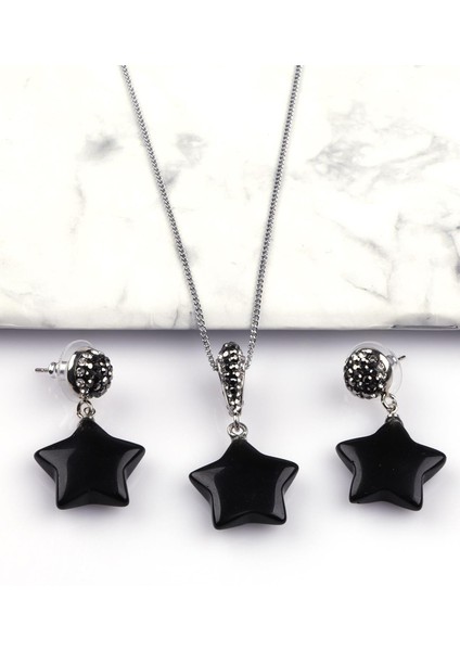Obsidyen Doğal Taş Kolye - Küpe 2'li Set