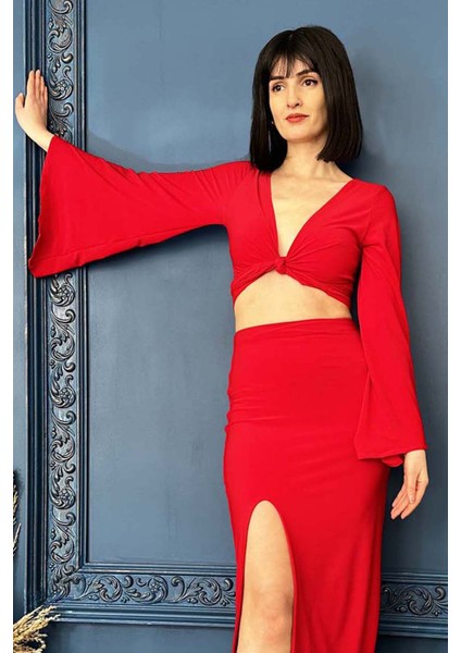 Kırmızı Yarasa Kollu Anvelop Crop Bluz