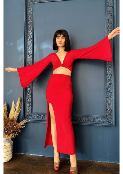 Kırmızı Yarasa Kollu Anvelop Crop Bluz fiyatları