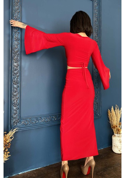 Kırmızı Yarasa Kollu Anvelop Crop Bluz modelleri