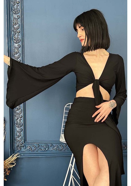 Siyah Yarasa Kollu Anvelop Crop Bluz