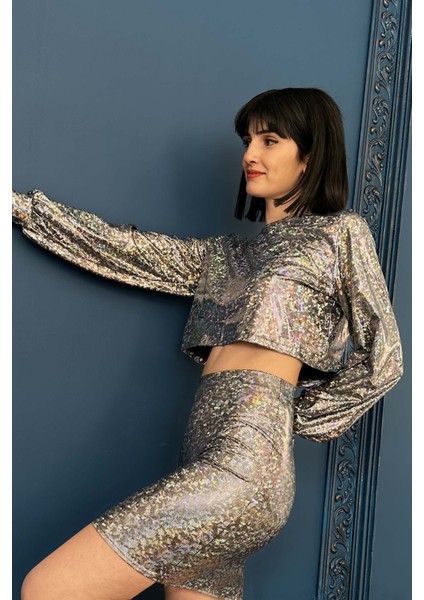 Hologram Balon Kollu Crop Bluz
