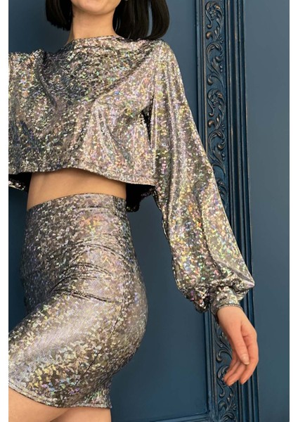 Hologram Balon Kollu Crop Bluz modelleri