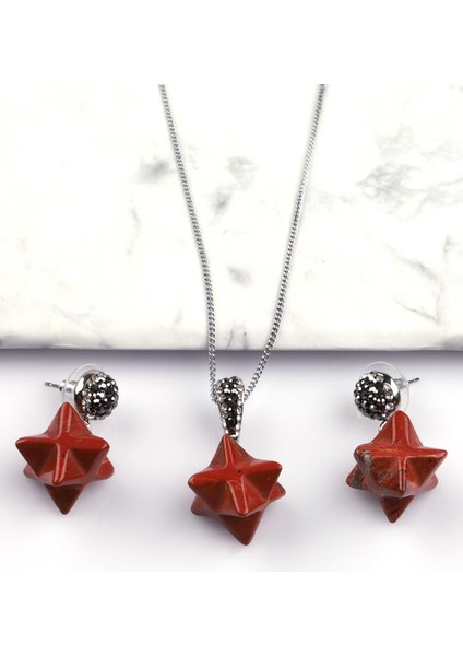 Red Jasper Doğal Taş Merkaba Kolye - Küpe 2'li Set