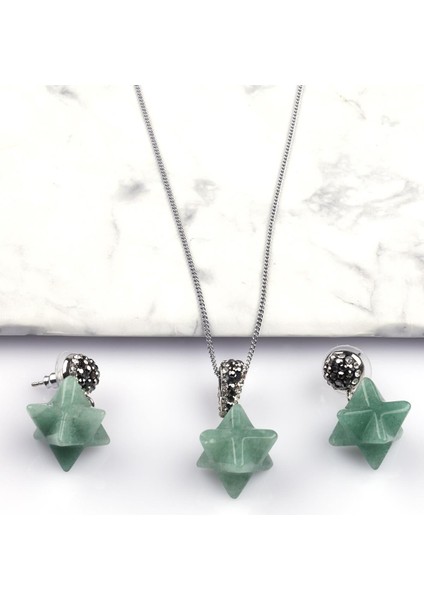 Aventurin Doğal Taş Merkaba Kolye - Küpe 2'li Set