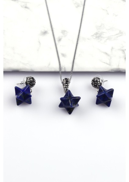 Lapis Lazuli Doğal Taş Merkaba Kolye - Küpe 2'li Set