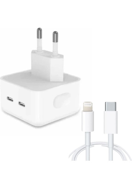 Apple Uyumlu 35 W Çift Usb-C Bağlantı Noktalı Şarj Adaptörü ve Usb-C Lightning Şarj Kablosu 1m