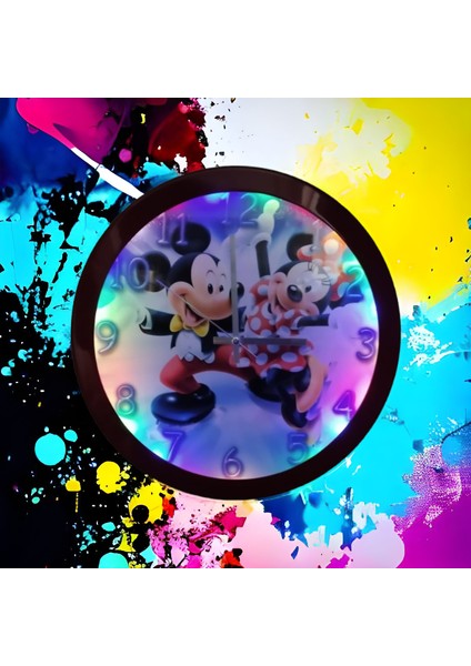 Ledli Işıklı Çocuk Odası Mickey Mouse Duvar Saati Aplik 35 cm Metal Kırmızı