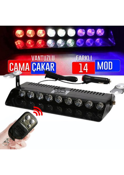 Kumandalı Polis Çakarı Cam Içi Vantuzlu 9 LED Kırmızı Mavi Beyaz Çakmaklık Girişli Ön Arka Cam