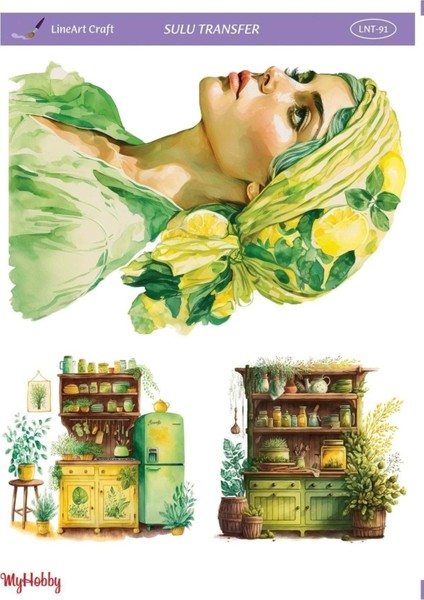 Kadın Vintage Mutfak Limon Sarı Yeşil Desenli Sulu Transfer Lnt-91 25X35