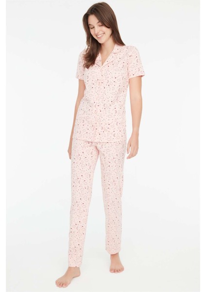 - Kadın Pembe Melanj Boydan Patlı Pijama Takımı 3866