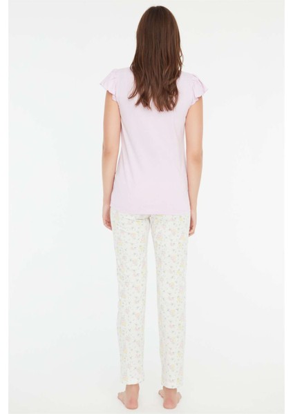 - Kadın Pembe Yuvarlak Yaka Pijama Takımı 3861
