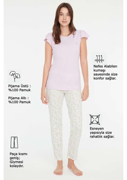 - Kadın Pembe Yuvarlak Yaka Pijama Takımı 3861