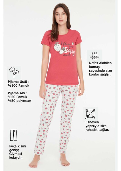 - Kadın Çilek Yuvarlak Yaka Pijama Takımı 3864