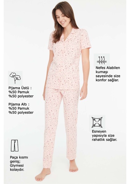 - Kadın Pembe Melanj Boydan Patlı Pijama Takımı 3866