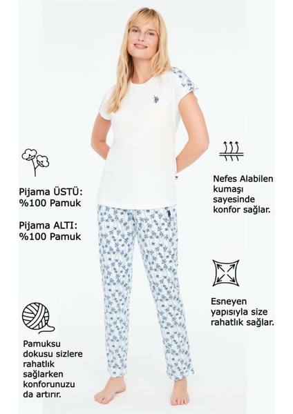 Kadın Ekru Yuvarlak Yaka Pijama Takımı 16916