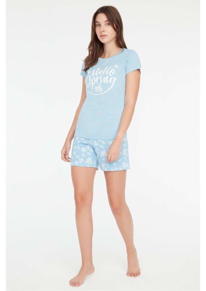 - Kadın Mavi T-Shirt Şort Takımı 3858