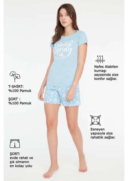 - Kadın Mavi T-Shirt Şort Takımı 3858