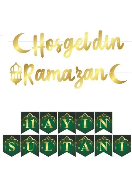 Ramazan Süsleri Set Ramazan Ayı Süslemesi Hoşgeldin Ramazan Gold Parlak Metalik Flama ve 11 Ayın Sultanı Flama Seti