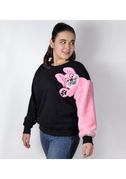 Siyah Tavşan Nakışlı Sweatshirt