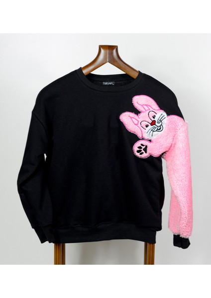 Siyah Tavşan Nakışlı Sweatshirt