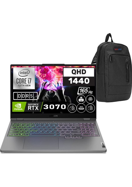 Legion 5 Intel Core Intel Core i7 12700H 32GB Ddr5 2TB SSD RTX3070 Freedos 15.6" Wqhd Taşınabilir Bilgisayar 82RB00DCTX06 + Zetta Çanta