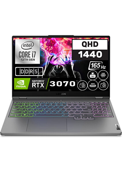 Legion 5 Intel Core Intel Core i7 12700H 64GB Ddr5 512GB SSD RTX3070 Freedos 15.6" Wqhd Taşınabilir Bilgisayar 82RB00DCTX07 + Zetta Çanta